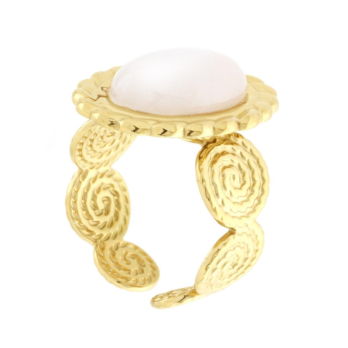 Anello Fascia con Spirali effetto Corda con Pietra Ovale colore Quarzo Rosa in ACCIAIO colore Oro