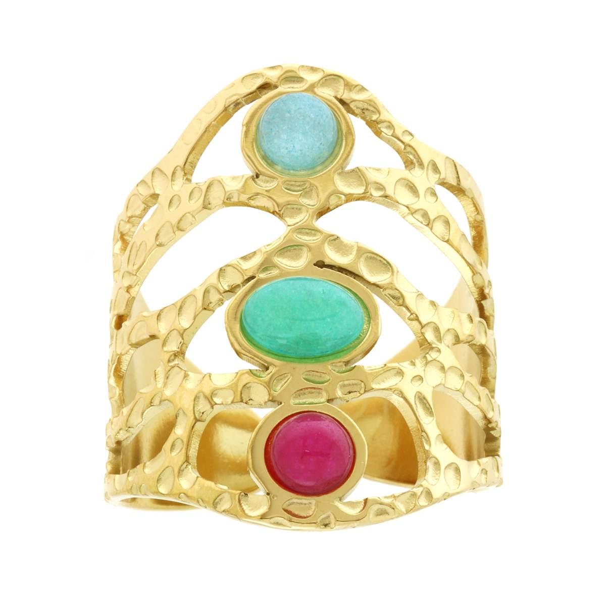 Anello Chunky Fascione Ramificato e Martellato con Pietre colore Multicolor in ACCIAIO colore Oro