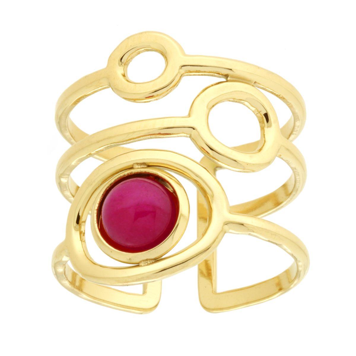 Anello Fascione Multifilo con Cerchi e Pietra Colore Rosso Rubino in ACCIAIO colore Oro