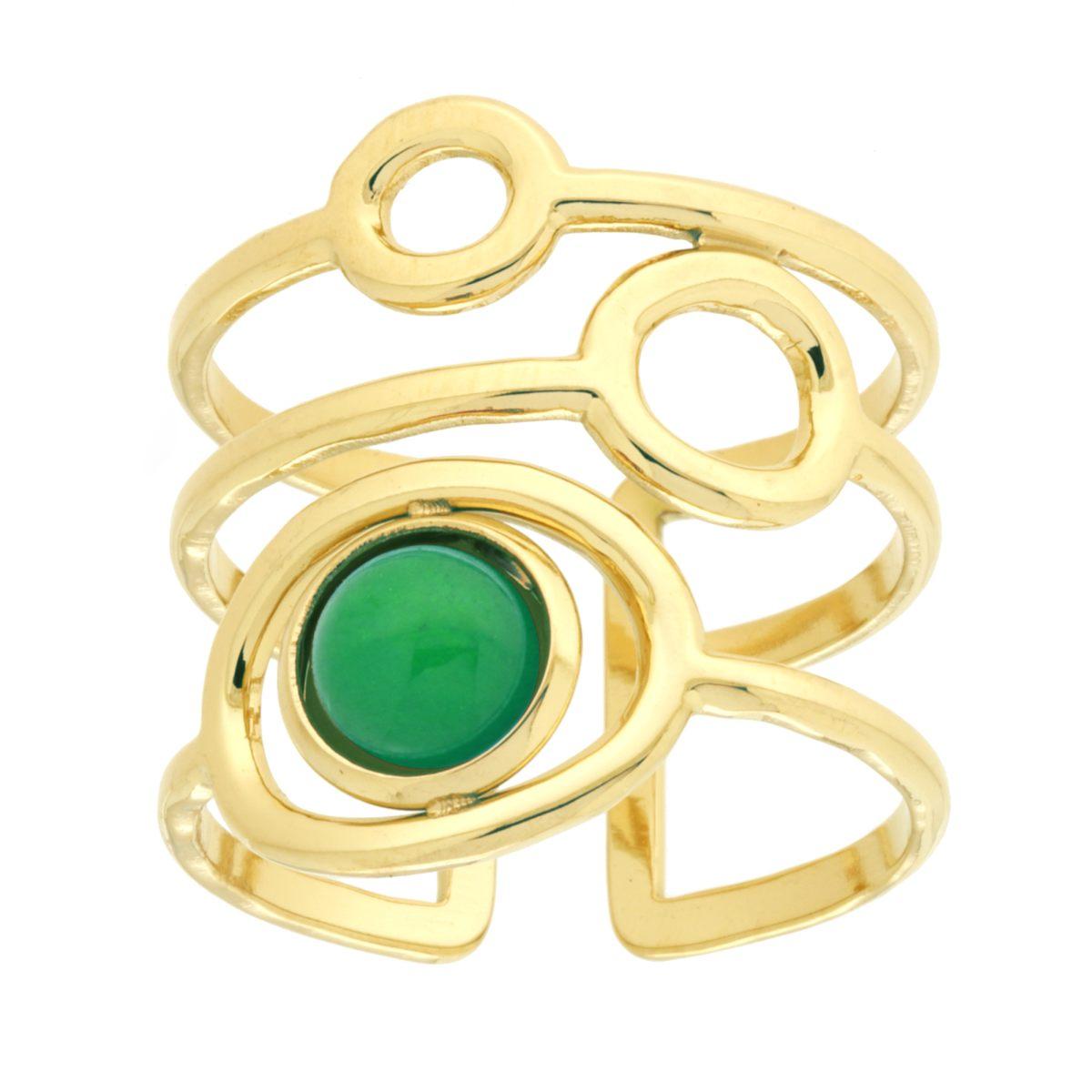 Anello Fascione Multifilo con Cerchi e Pietra Colore Verde Smeraldo in ACCIAIO colore Oro