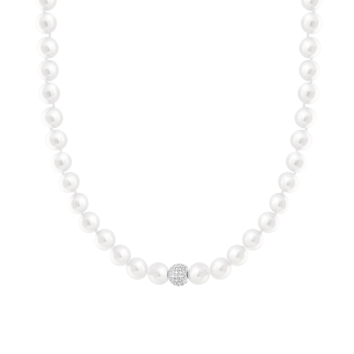 Collana filo Perle mm 8 con Sfera Centrale Crystal Bianchi in ACCIAIO