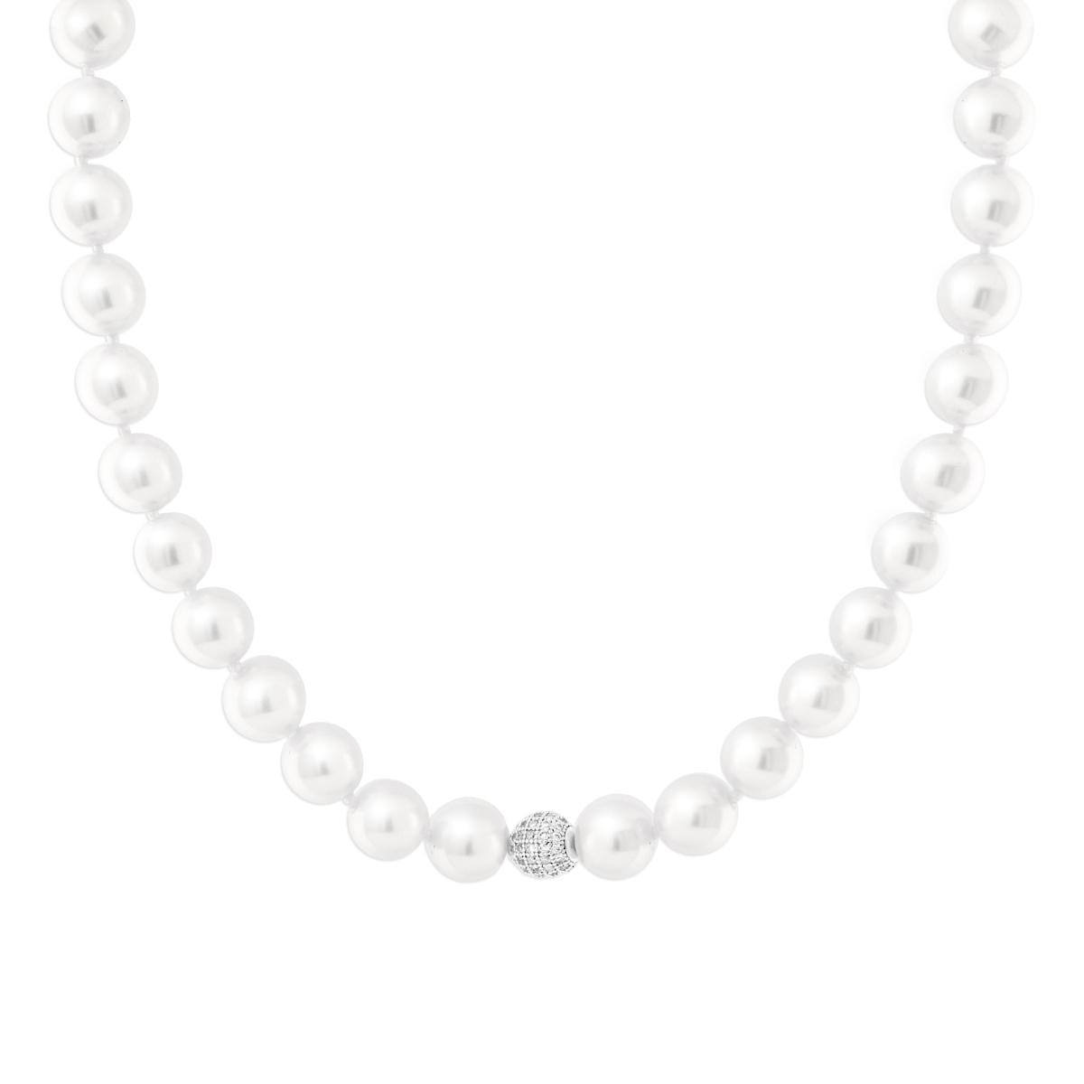 Collana filo Perle mm 12 con Sfera Centrale Crystal Bianchi in ACCIAIO