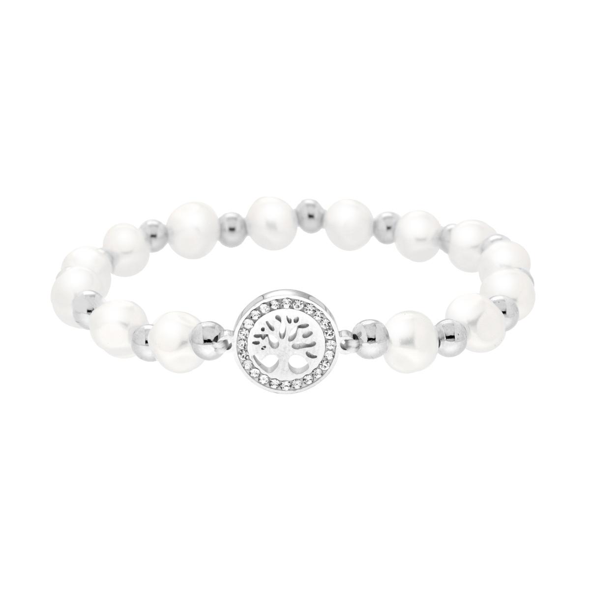 Bracciale Elastico Albero della Vita con Crystal Bianchi e Perle in ACCIAIO