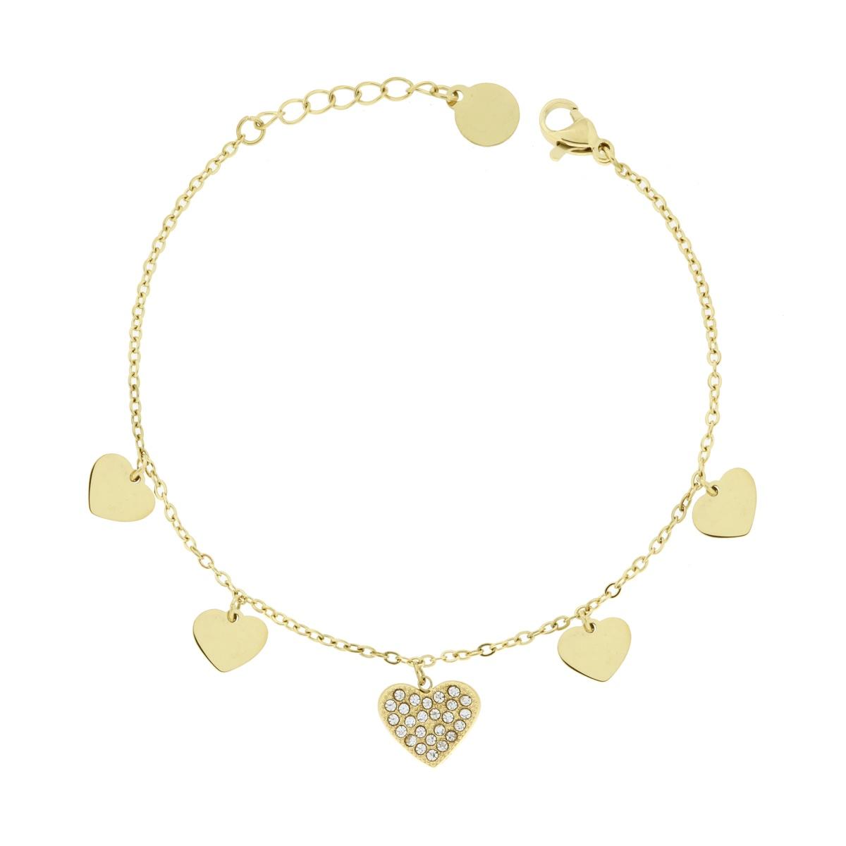 Bracciale Catena Forzatina Diamantata con Cuori plain e Crystal Bianchi in ACCIAIO colore Oro