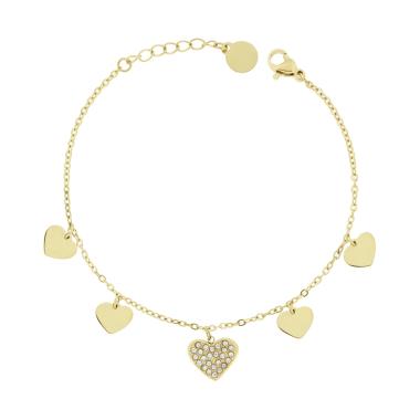 Bracciale Catena Forzatina Diamantata con Cuori plain e Crystal Bianchi in ACCIAIO colore Oro
