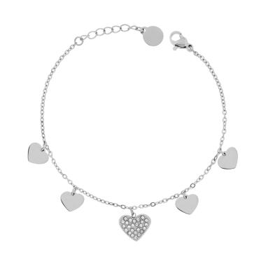 Bracciale Catena Forzatina Diamantata con Cuori plain e Crystal Bianchi in ACCIAIO