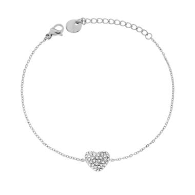 Bracciale Catena Forzatina Diamantata con Cuore e Crystal Bianchi in ACCIAIO