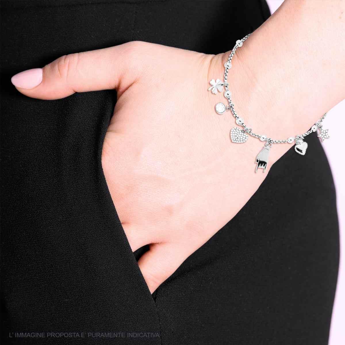 Bracciale Catena Veneziana Tonda con Charms Portafortuna e Crystal Bianchi in ACCIAIO