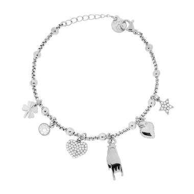 Bracciale Catena Veneziana Tonda con Charms Portafortuna e Crystal Bianchi in ACCIAIO