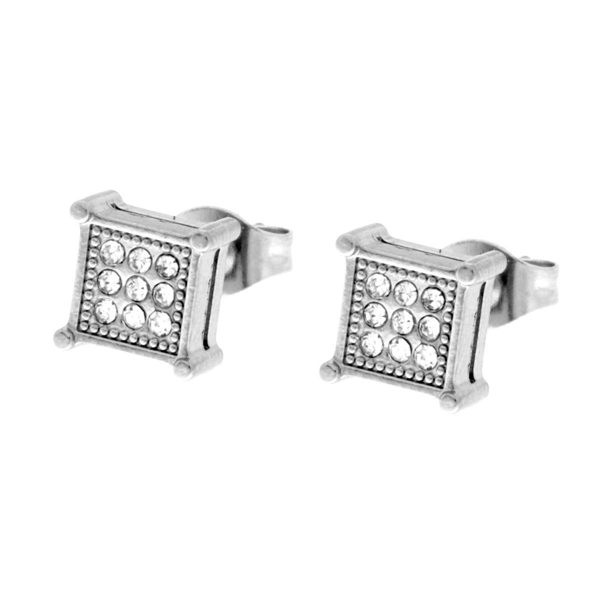 Orecchini Quadrati mm 7 con Crystal Bianchi in ACCIAIO