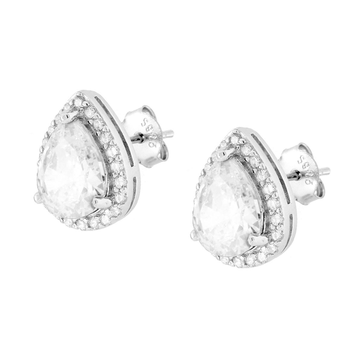 Parure Set Orecchini e Ciondolo Goccia Cubic Zirconia Bianco contornato da Cubic Zirconia Bianchi in ARGENTO 925 Galvanica Rodio