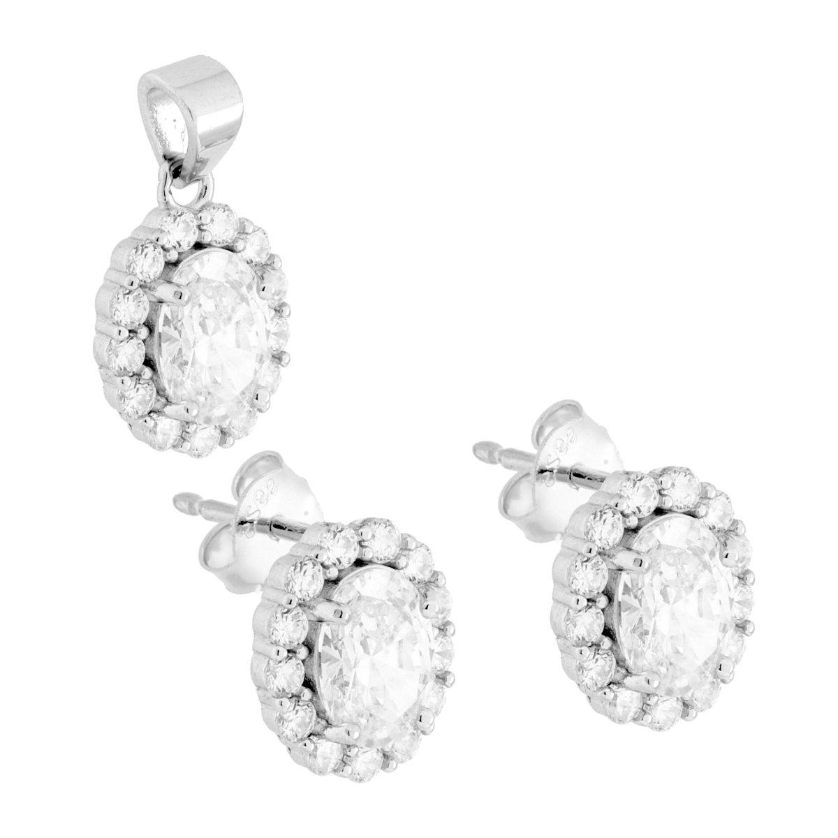 Parure Set Orecchini e Ciondolo Ovale Cubic Zirconia Bianco contornato da Cubic Zirconia Bianchi in ARGENTO 925 Galvanica Rodio