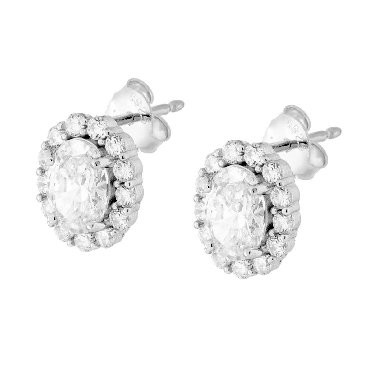 Parure Set Orecchini e Ciondolo Ovale Cubic Zirconia Bianco contornato da Cubic Zirconia Bianchi in ARGENTO 925 Galvanica Rodio