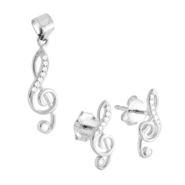 Parure Set Orecchini e Ciondolo Chiave Musicale di Violino con Cubic Zirconia Bianchi in ARGENTO 925 Galvanica Rodio