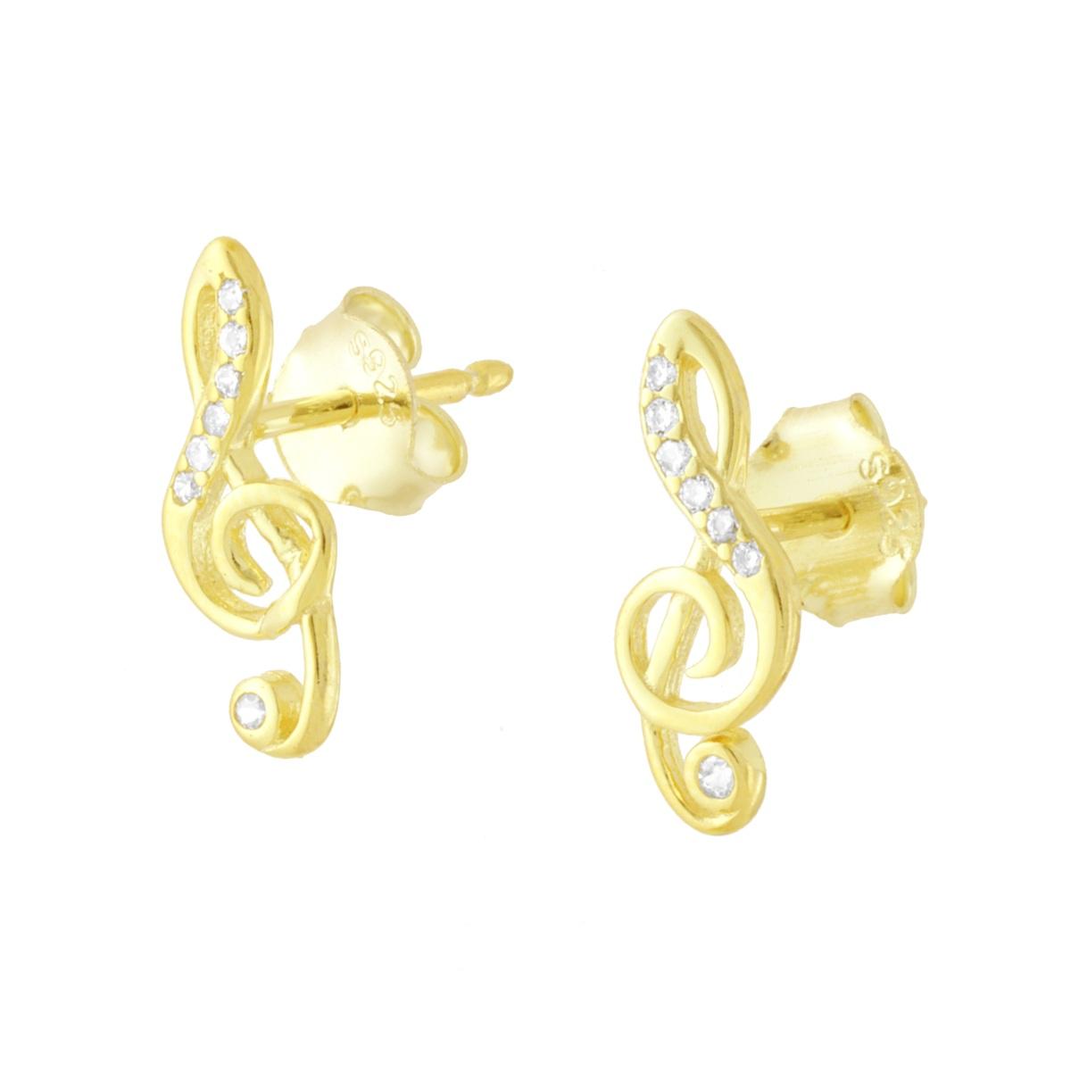 Parure Set Orecchini e Ciondolo Chiave Musicale di Violino con Cubic Zirconia Bianchi in ARGENTO 925 Galvanica Oro