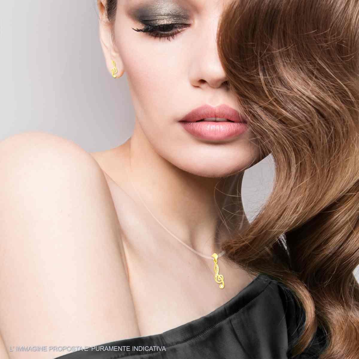 Parure Set Orecchini e Ciondolo Chiave Musicale di Violino con Cubic Zirconia Bianchi in ARGENTO 925 Galvanica Oro