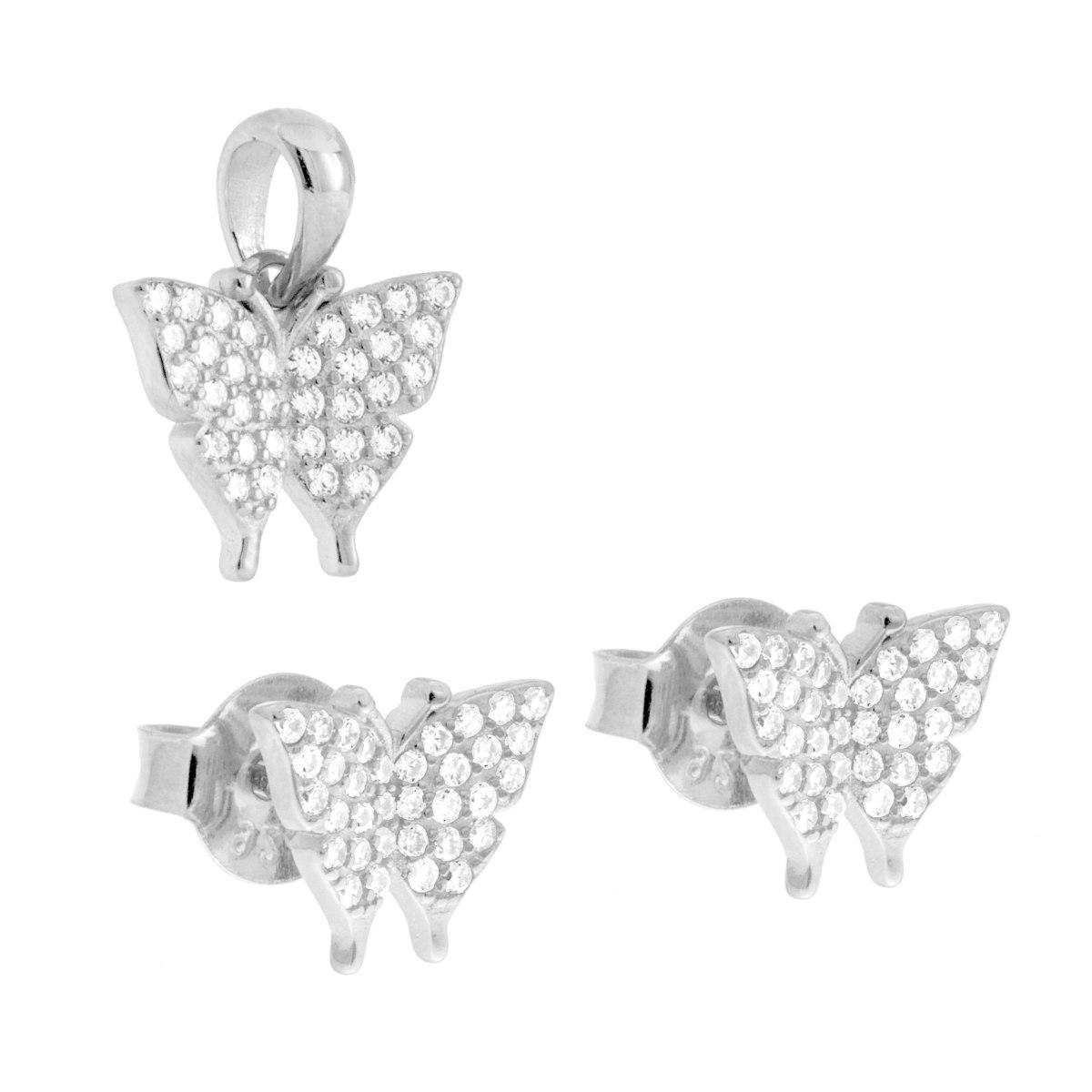 Parure Set Orecchini e Ciondolo Farfalla con Cubic Zirconia Bianchi in ARGENTO 925 Galvanica Rodio