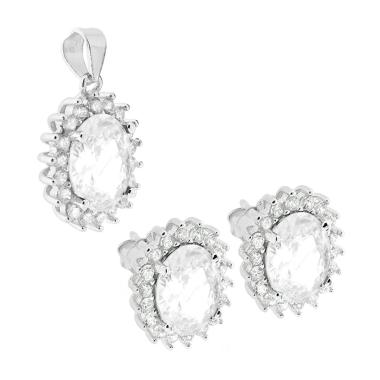 Parure Set Orecchini e Ciondolo Ovale Cubic Zirconia Bianco contornato da Cubic Zirconia Bianchi in ARGENTO 925 Galvanica Rodio