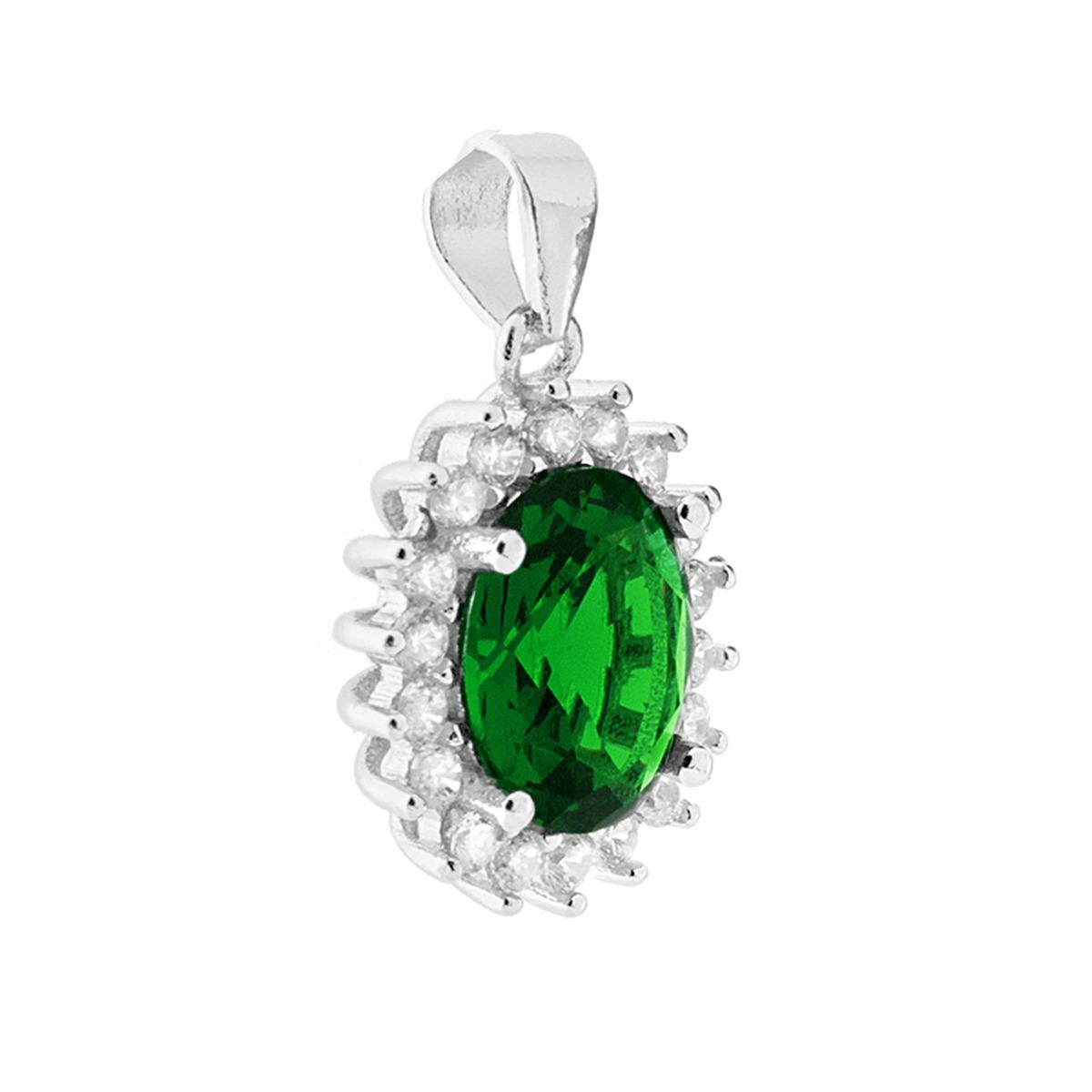Parure Set Orecchini e Ciondolo Ovale Verde Smeraldo contornato con Cubic Zirconia Bianchi in ARGENTO 925 Galvanica Rodio