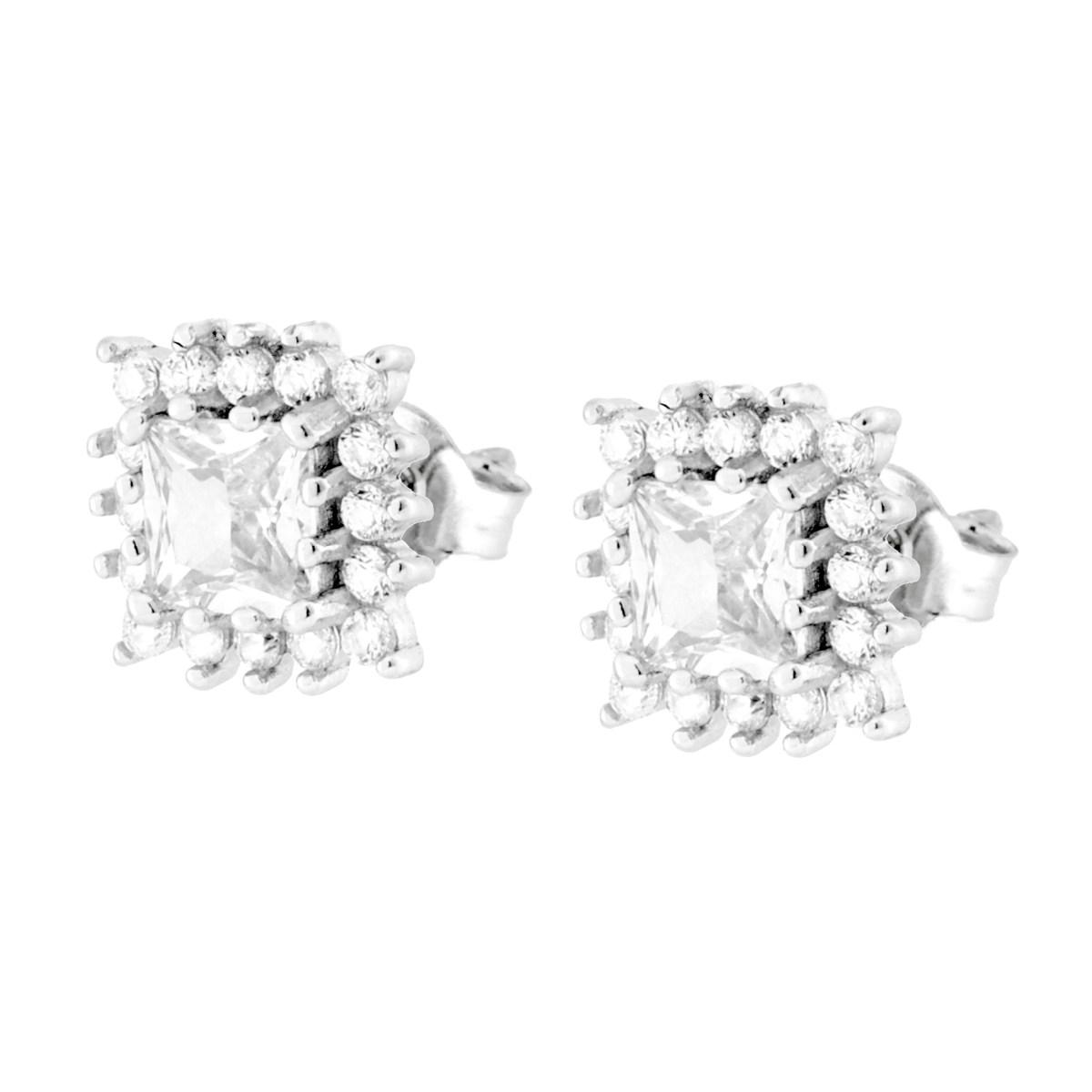 Parure Set Orecchini e Ciondolo Quadrato Princess contornato da Cubic Zirconia Bianchi in ARGENTO 925 Galvanica Rodio