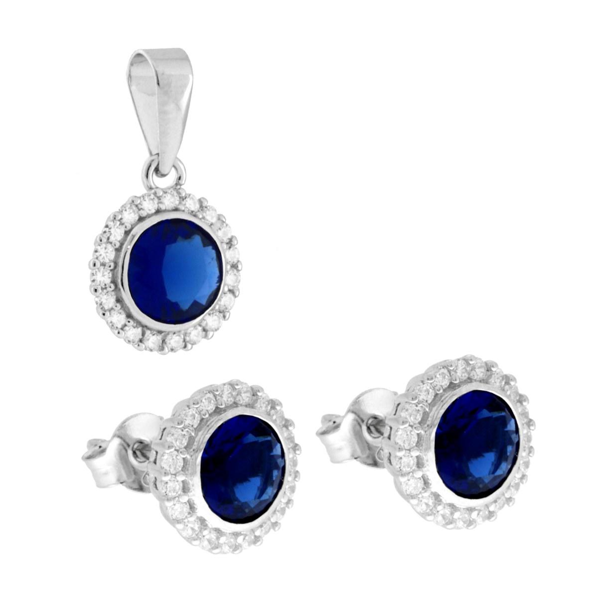 Parure Set Orecchini e Ciondolo Tondo Blu Zaffiro contornato con Cubic Zirconia Bianchi in ARGENTO 925 Galvanica Rodio