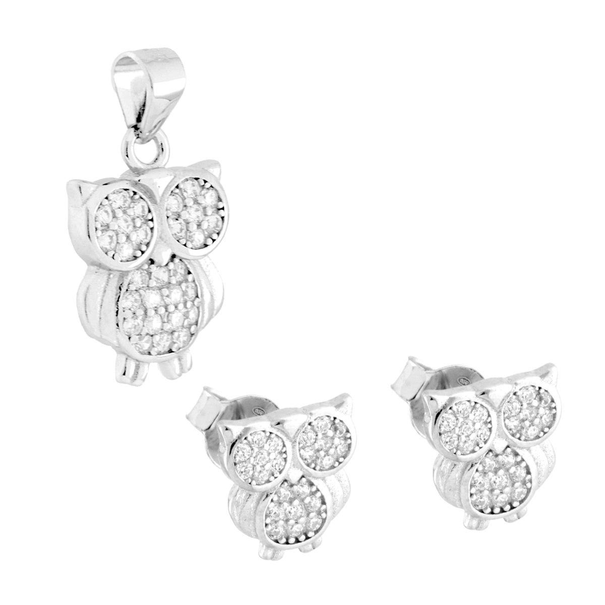 Parure Set Orecchini e Ciondolo Gufo con Cubic Zirconia Bianchi in ARGENTO 925 Galvanica Rodio