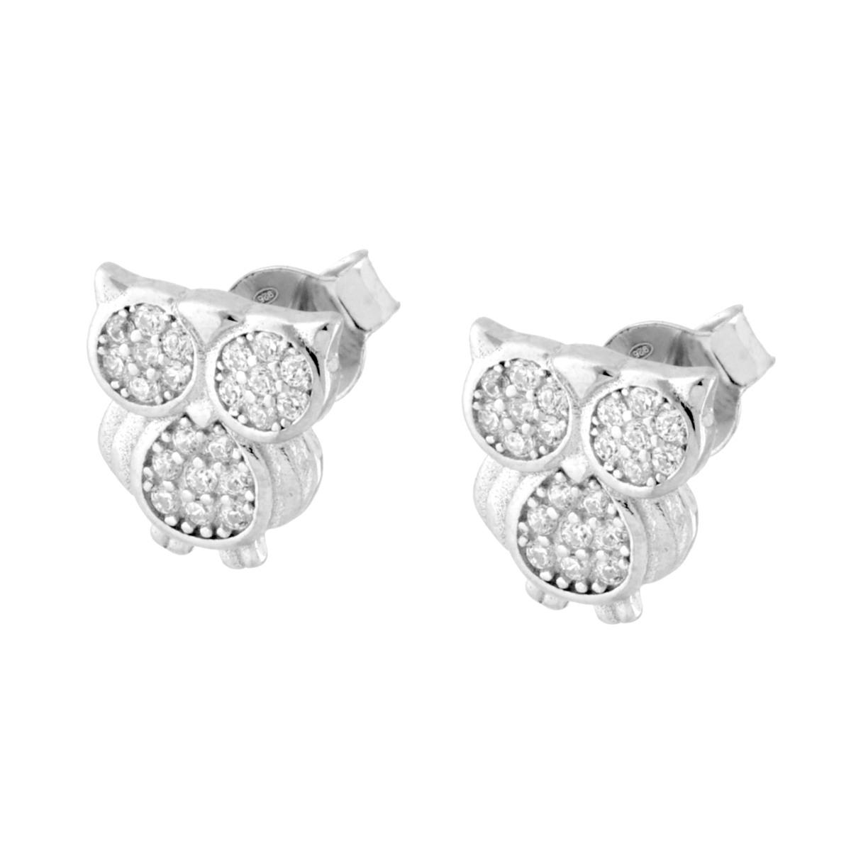 Parure Set Orecchini e Ciondolo Gufo con Cubic Zirconia Bianchi in ARGENTO 925 Galvanica Rodio