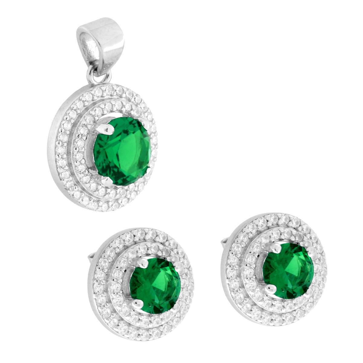 Parure Set Orecchini e Ciondolo Tondo Verde Smeraldo contornato da due giri di Cubic Zirconia Bianchi in ARGENTO 925 Galvanica Rodio