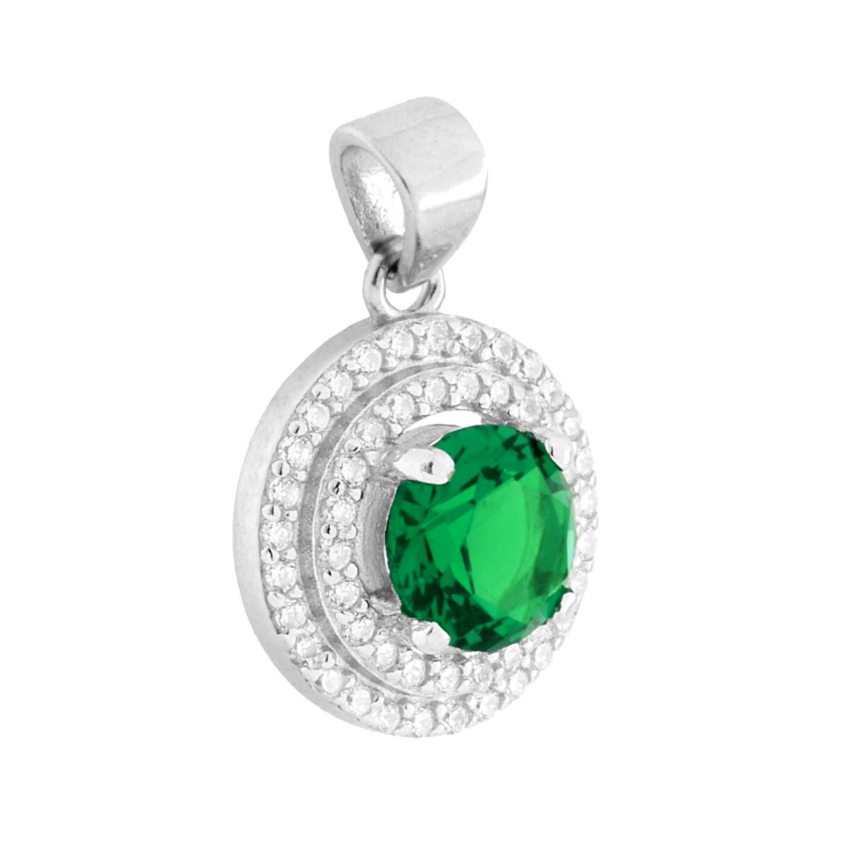 Parure Set Orecchini e Ciondolo Tondo Verde Smeraldo contornato da due giri di Cubic Zirconia Bianchi in ARGENTO 925 Galvanica Rodio