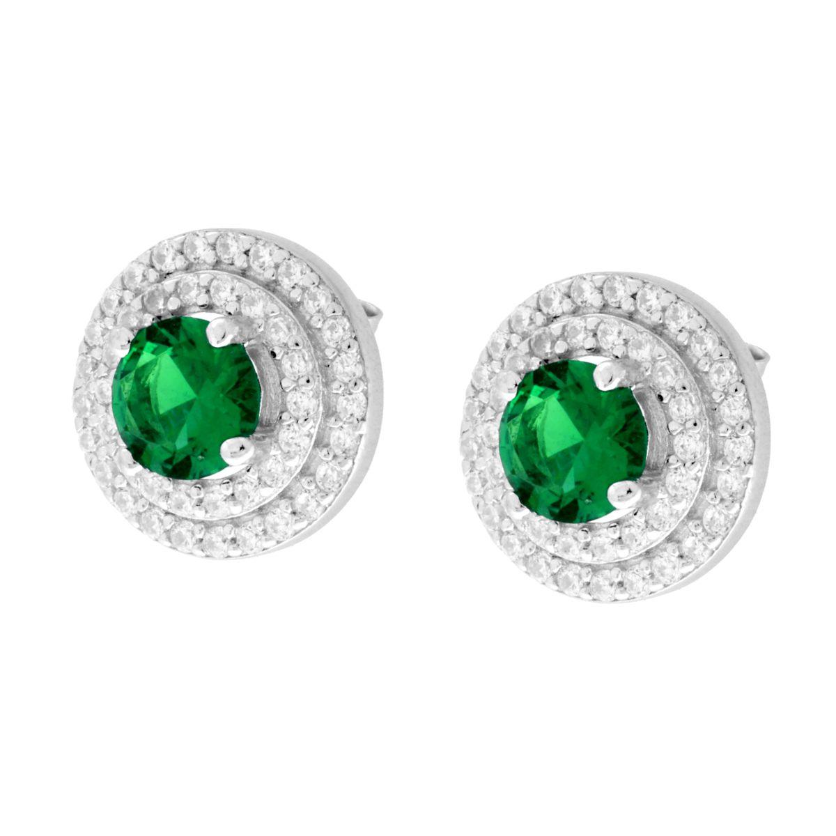Parure Set Orecchini e Ciondolo Tondo Verde Smeraldo contornato da due giri di Cubic Zirconia Bianchi in ARGENTO 925 Galvanica Rodio