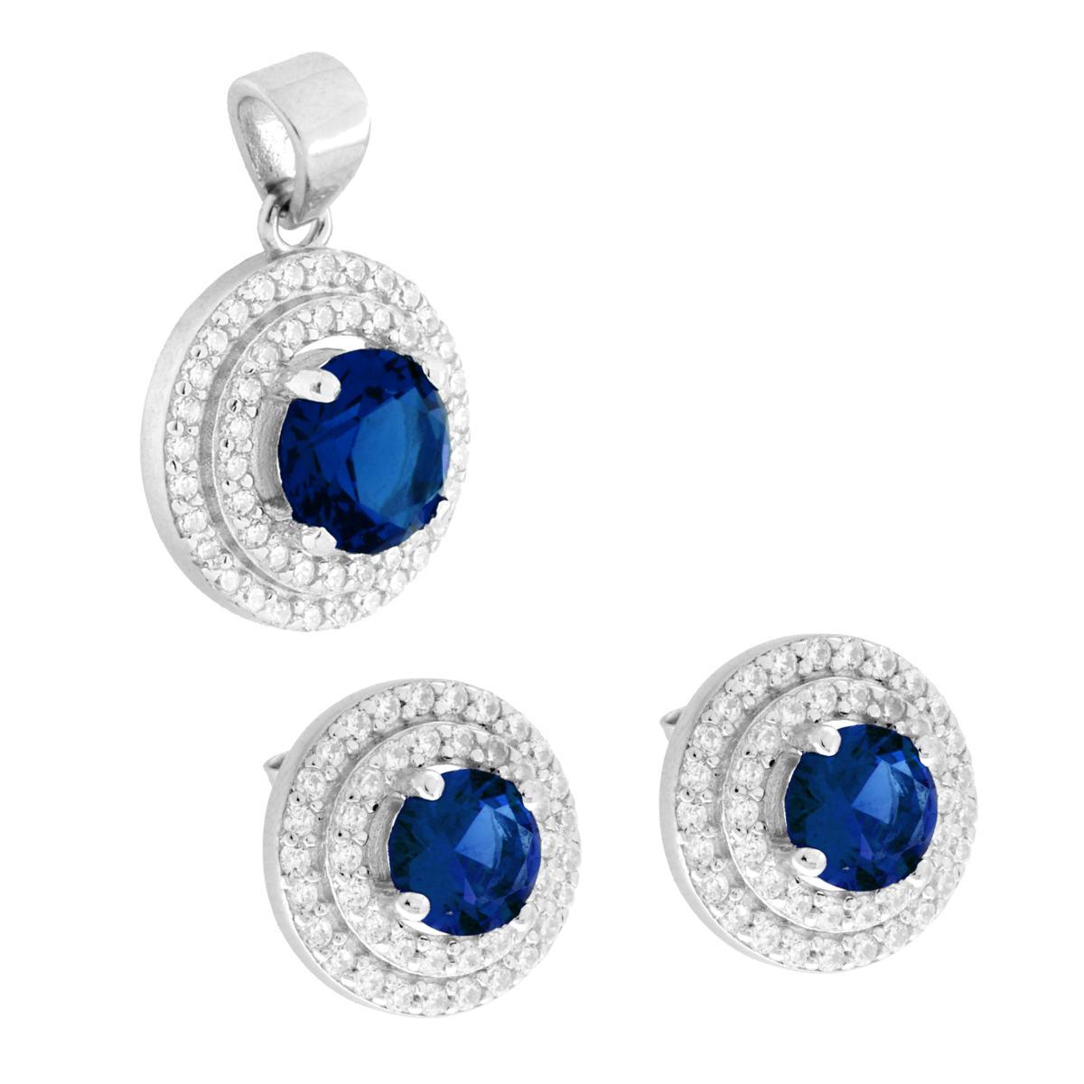 Parure Set Orecchini e Ciondolo Tondo Blu Zaffiro contornato da due giri di Cubic Zirconia Bianchi in ARGENTO 925 Galvanica Rodio