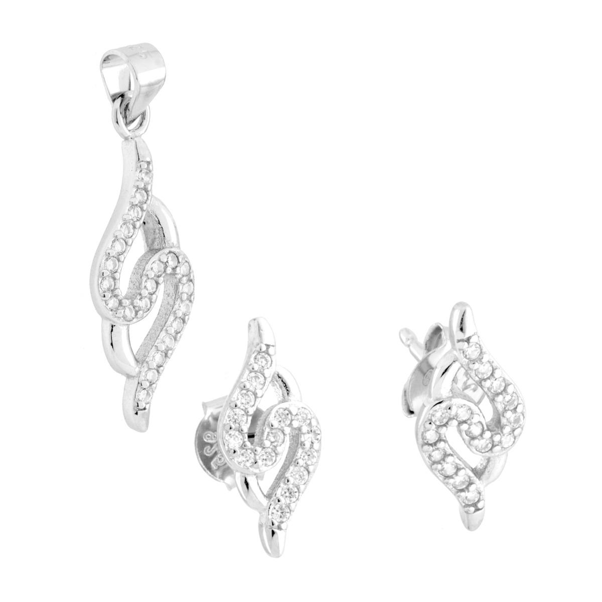 Parure Set Orecchini e Ciondolo Nastri con Cubic Zirconia Bianchi in ARGENTO 925 Galvanica Rodio