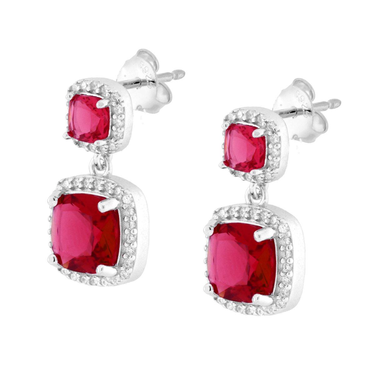 Parure Set Orecchini e Ciondolo Quadrato Rosso Rubino contornato da Cubic Zirconia Bianchi in ARGENTO 925 Galvanica Rodio