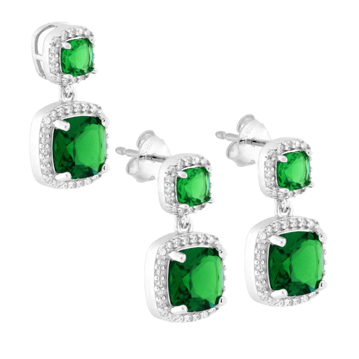 Parure Set Orecchini e Ciondolo Quadrato Cushion Verde Smeraldo contornato da Cubic Zirconia Bianchi in ARGENTO 925 Galvanica Rodio