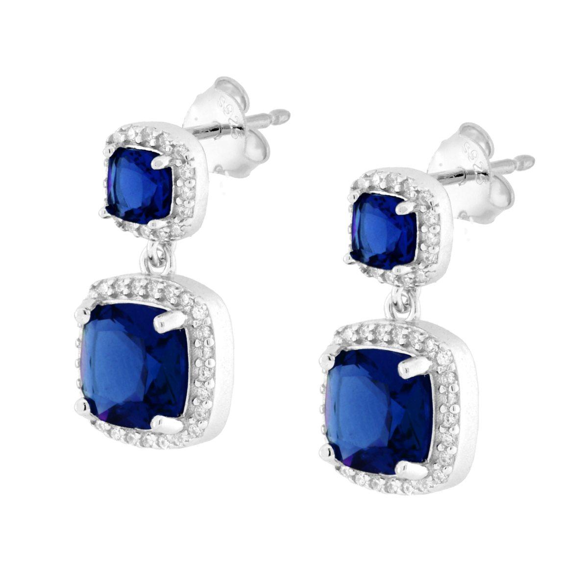 Parure Set Orecchini e Ciondolo Quadrato Blu Zaffiro contornato da Cubic Zirconia Bianchi in ARGENTO 925 Galvanica Rodio