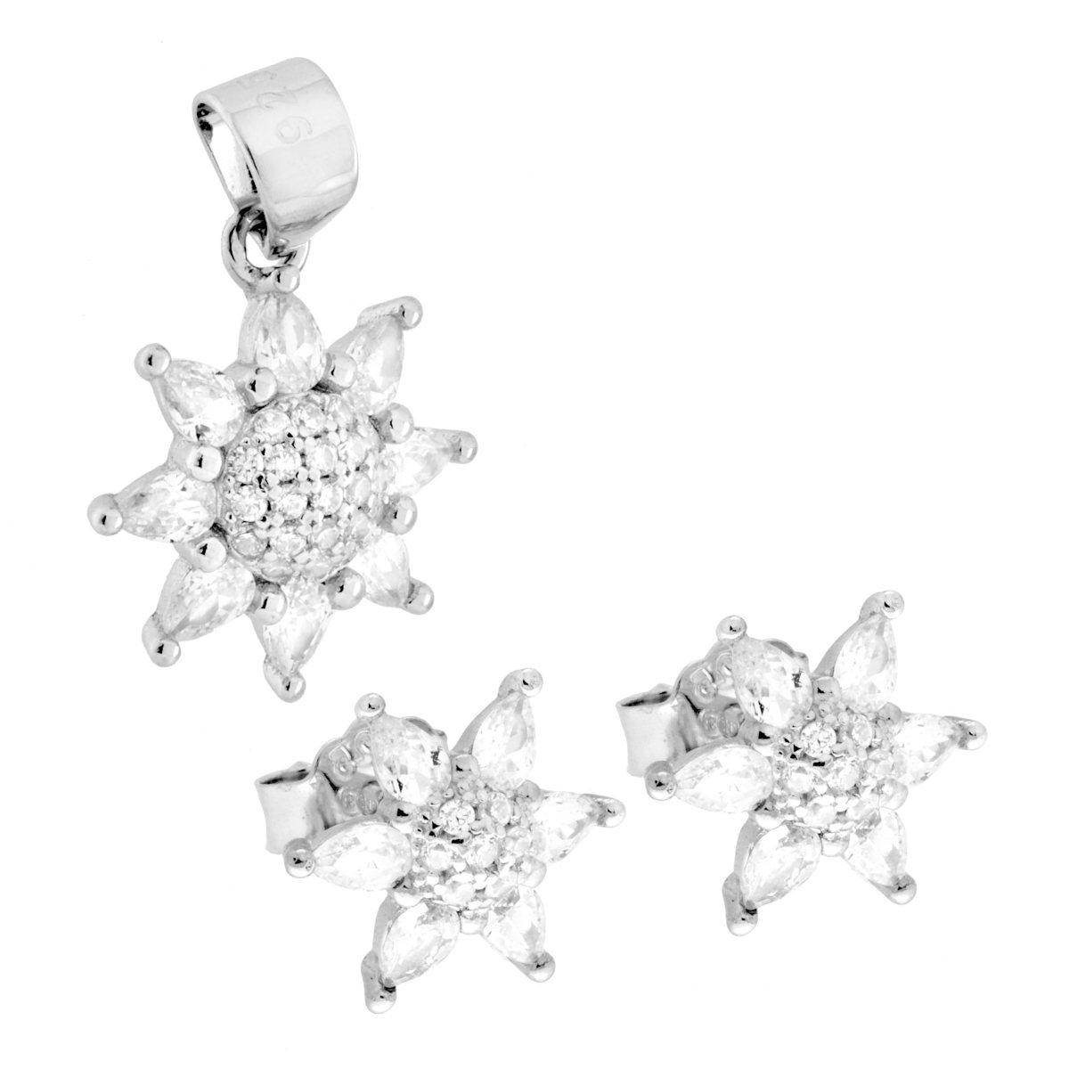 Parure Set Orecchini e Ciondolo Girasole con Cubic Zirconia Bianchi in ARGENTO 925 Galvanica Rodio