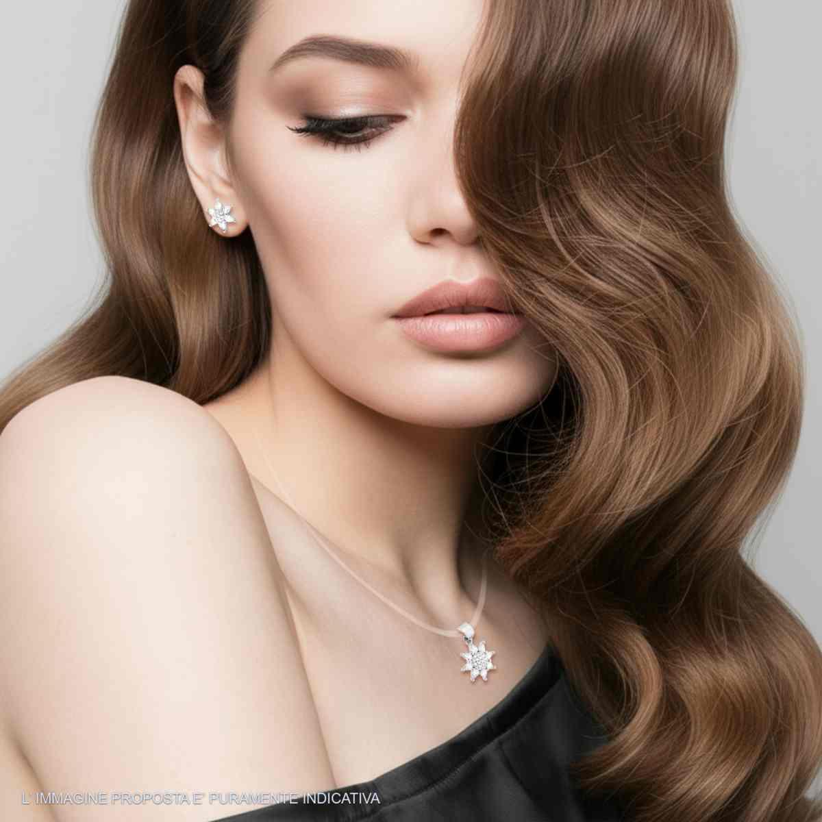 Parure Set Orecchini e Ciondolo Girasole con Cubic Zirconia Bianchi in ARGENTO 925 Galvanica Rodio