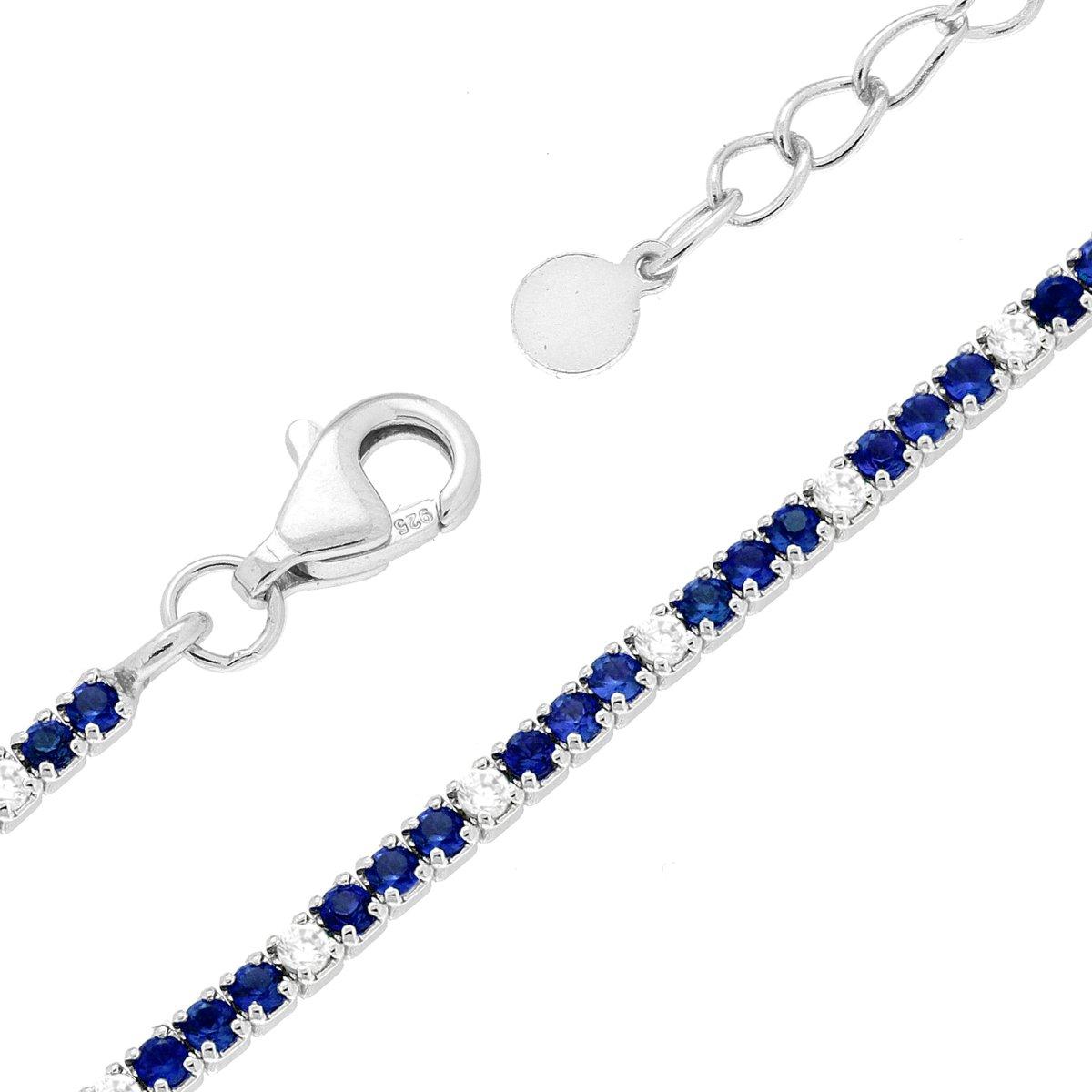 Bracciale Tennis Griffe cm 16+3 con Cubic Zirconia mm 1.5 alternati Blu Zaffiro e Bianchi in ARGENTO 925 Galvanica Rodio