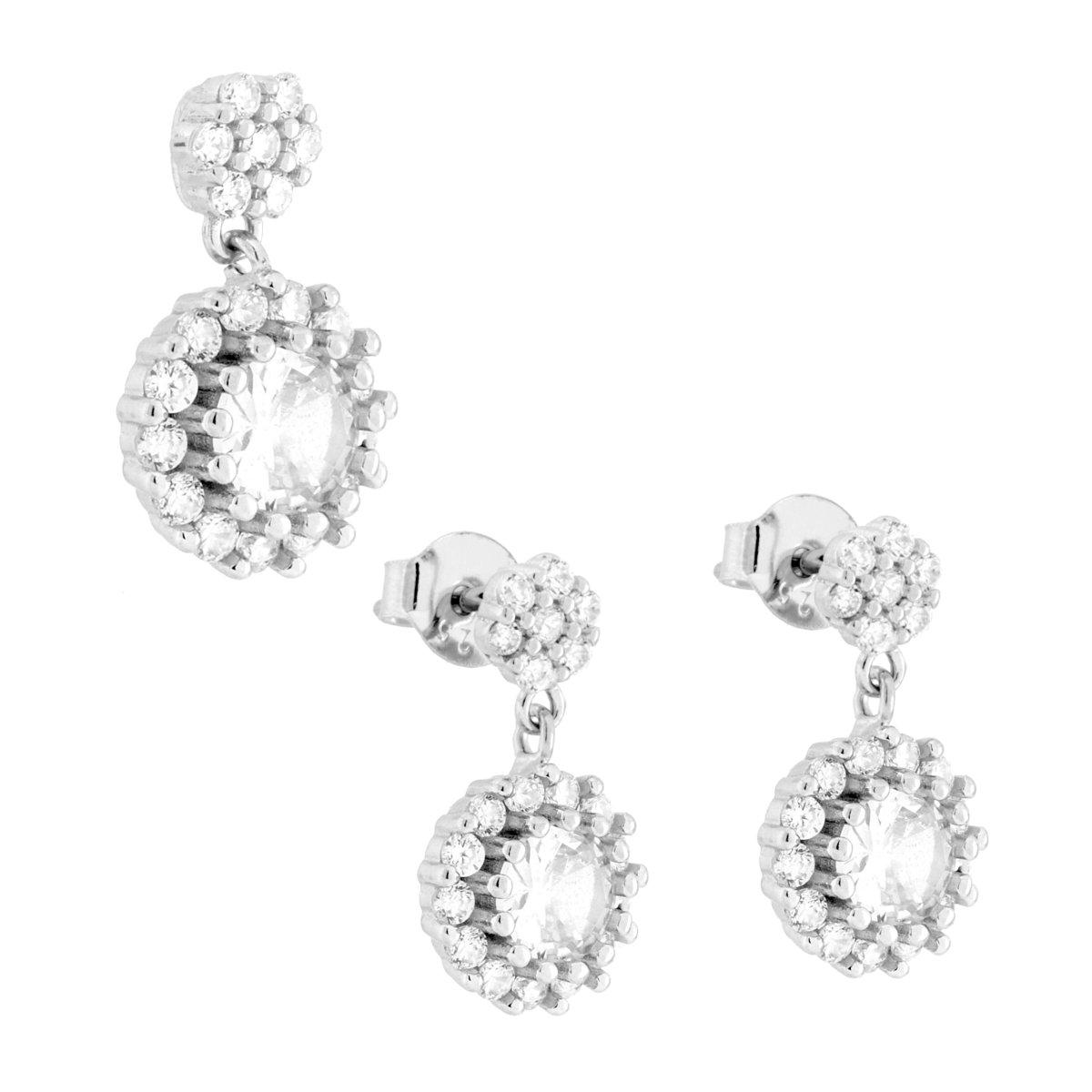 Parure Set Orecchini e Ciondolo Tondo Pendente Bianco contornato da Cubic Zirconia Bianchi in ARGENTO 925 Galvanica Rodio