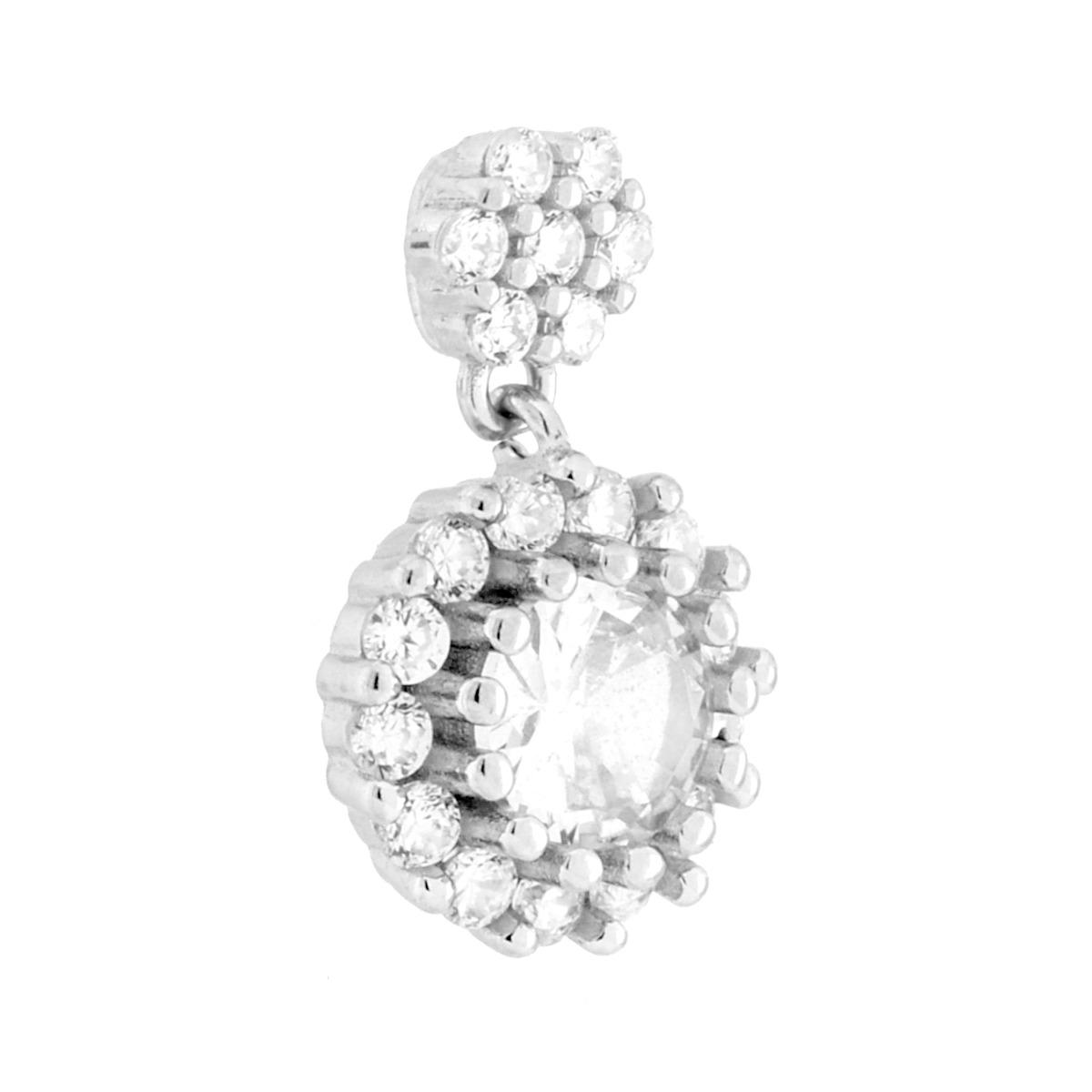 Parure Set Orecchini e Ciondolo Tondo Pendente Bianco contornato da Cubic Zirconia Bianchi in ARGENTO 925 Galvanica Rodio