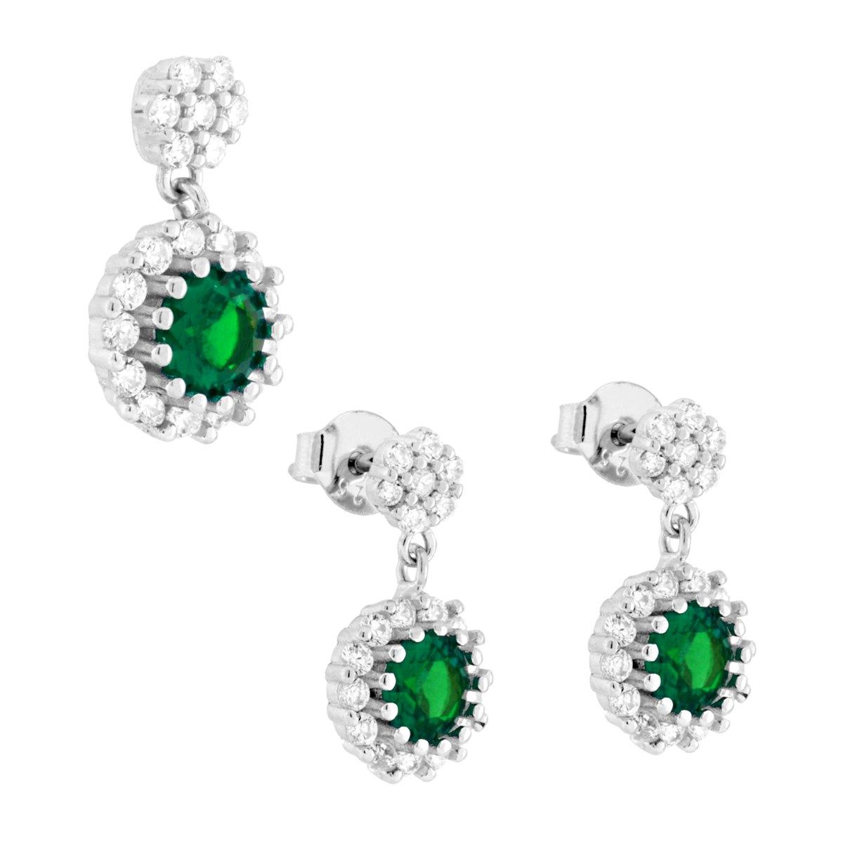 Parure Set Orecchini e Ciondolo Tondo Pendente Verde Smeraldo contornato da Cubic Zirconia Bianchi in ARGENTO 925 Galvanica Rodio