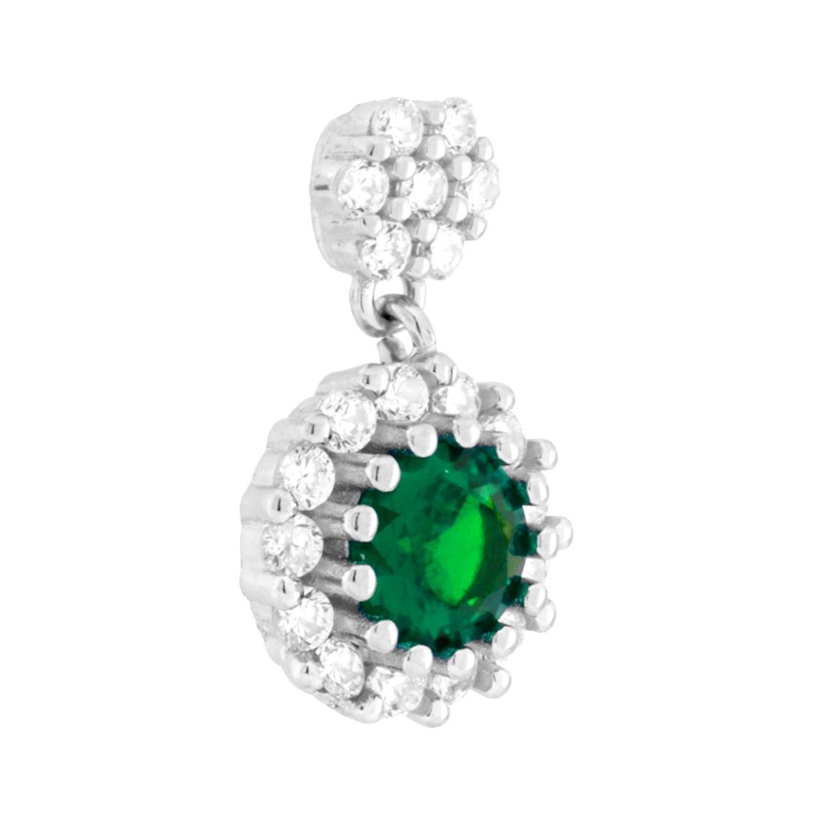 Parure Set Orecchini e Ciondolo Tondo Pendente Verde Smeraldo contornato da Cubic Zirconia Bianchi in ARGENTO 925 Galvanica Rodio