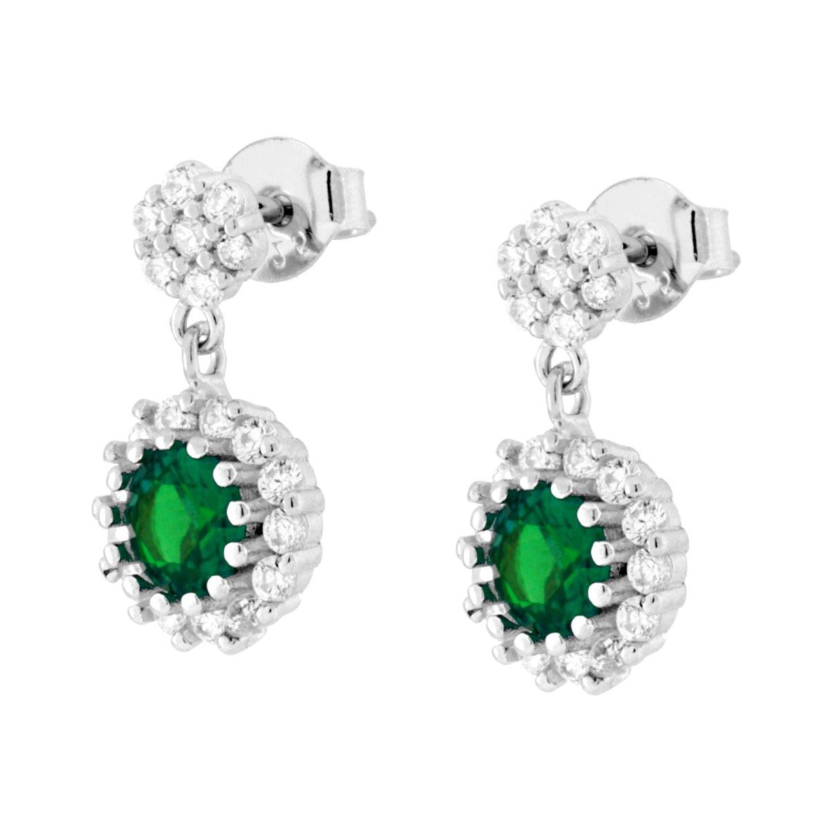 Parure Set Orecchini e Ciondolo Tondo Pendente Verde Smeraldo contornato da Cubic Zirconia Bianchi in ARGENTO 925 Galvanica Rodio