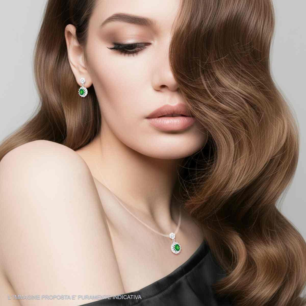 Parure Set Orecchini e Ciondolo Tondo Pendente Verde Smeraldo contornato da Cubic Zirconia Bianchi in ARGENTO 925 Galvanica Rodio