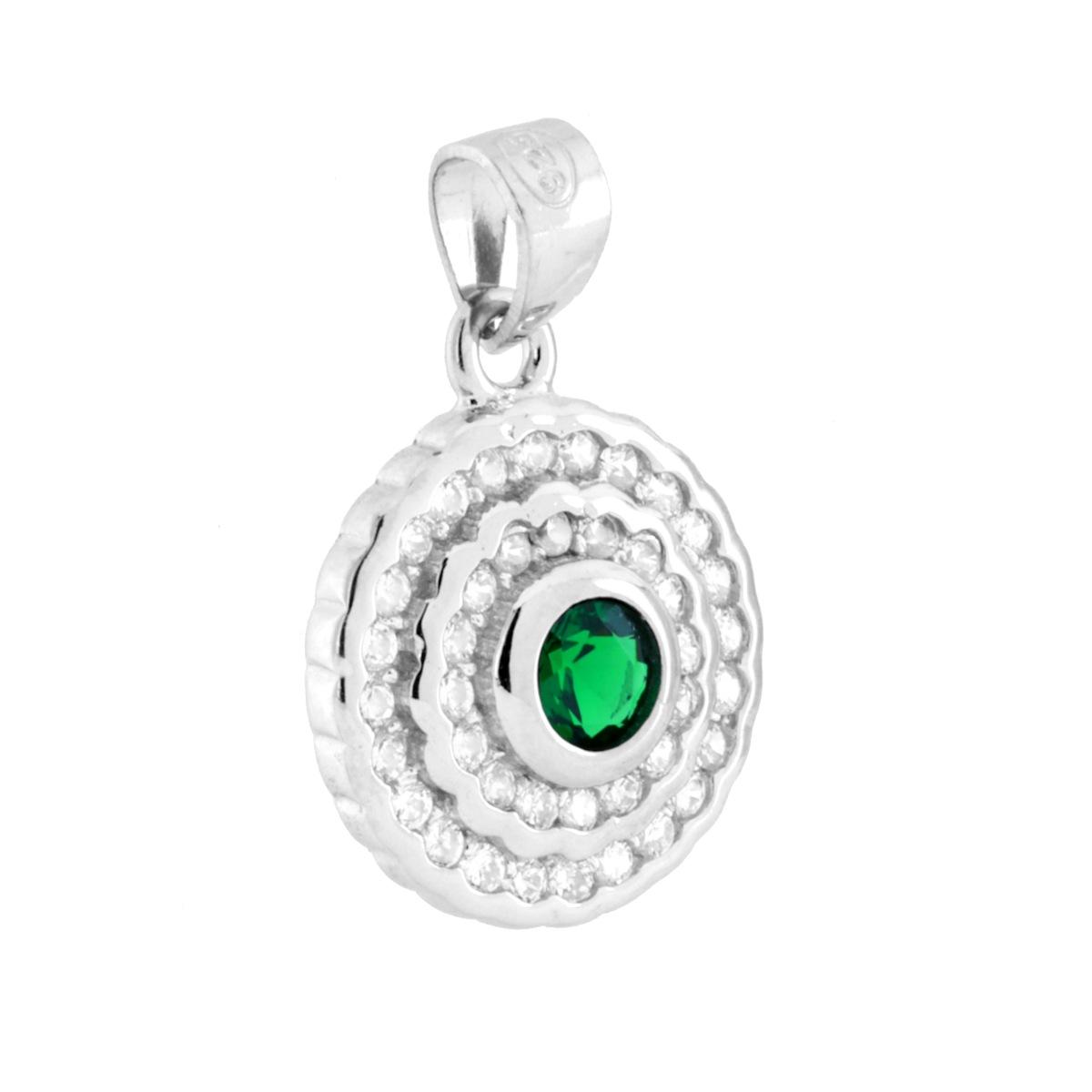 Parure Set Orecchini e Ciondolo Tondo Verde Smeraldo contornato da Cubic Zirconia Bianchi in ARGENTO 925 Galvanica Rodio