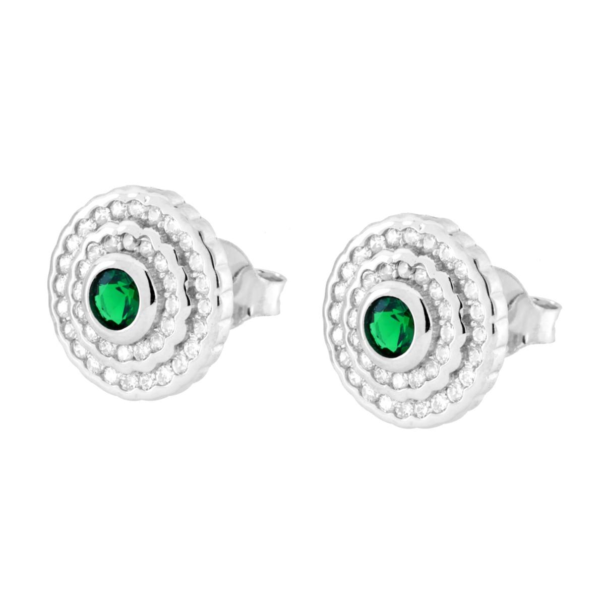 Parure Set Orecchini e Ciondolo Tondo Verde Smeraldo contornato da Cubic Zirconia Bianchi in ARGENTO 925 Galvanica Rodio