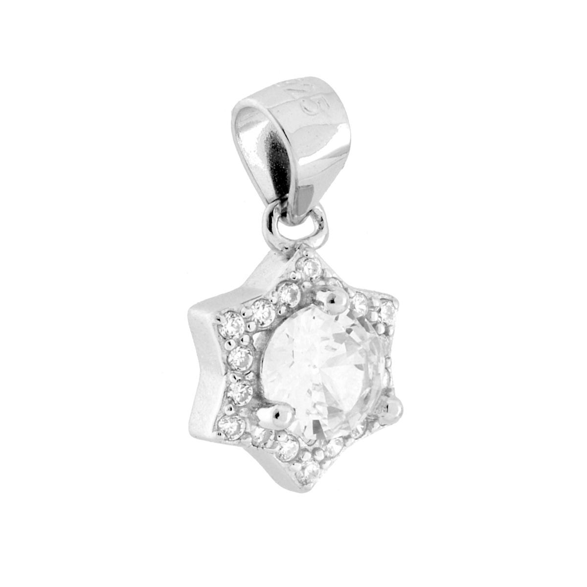 Parure Set Orecchini e Ciondolo Stella con Tondo Bianco contornato da Cubic Zirconia Bianchi in ARGENTO 925 Galvanica Rodio