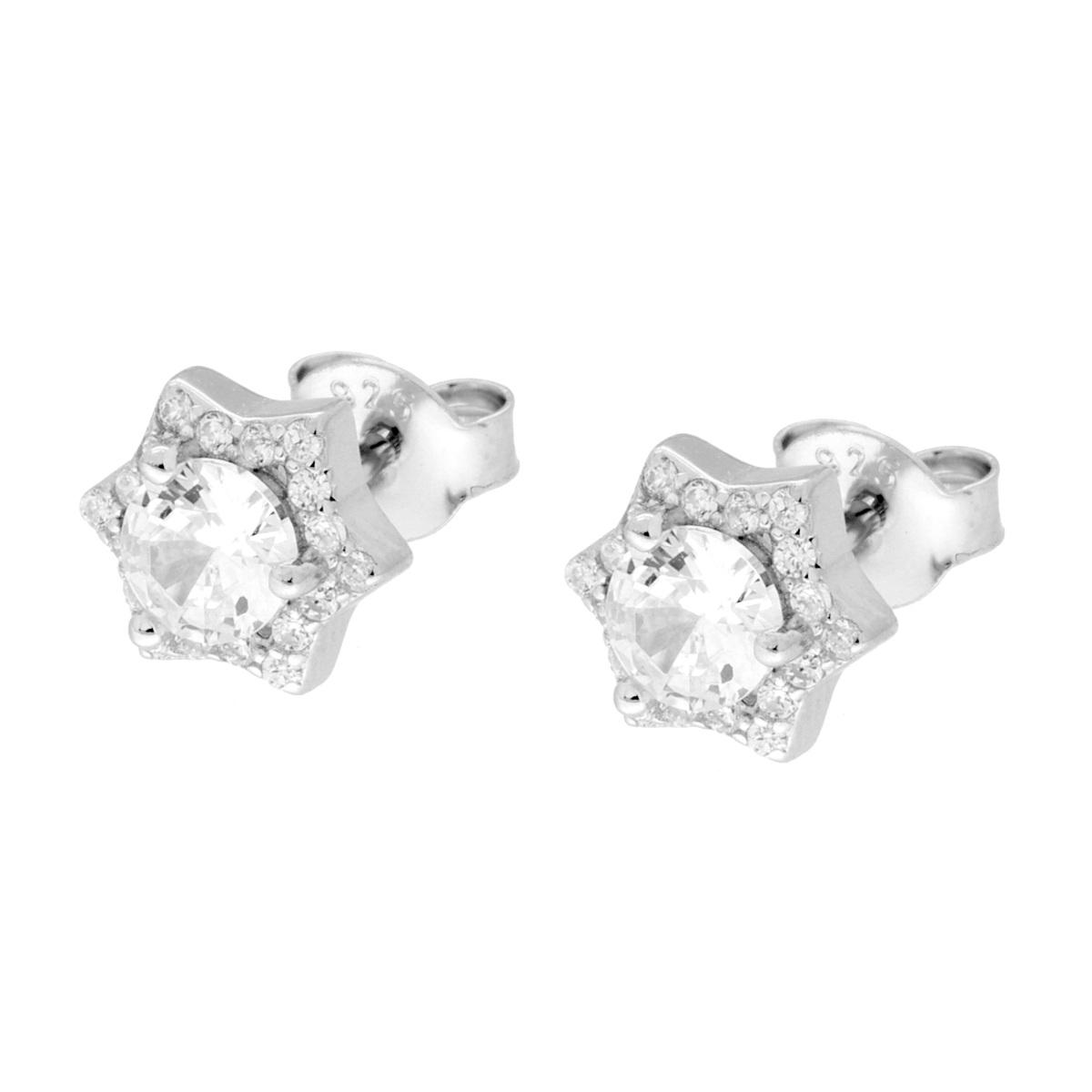 Parure Set Orecchini e Ciondolo Stella con Tondo Bianco contornato da Cubic Zirconia Bianchi in ARGENTO 925 Galvanica Rodio