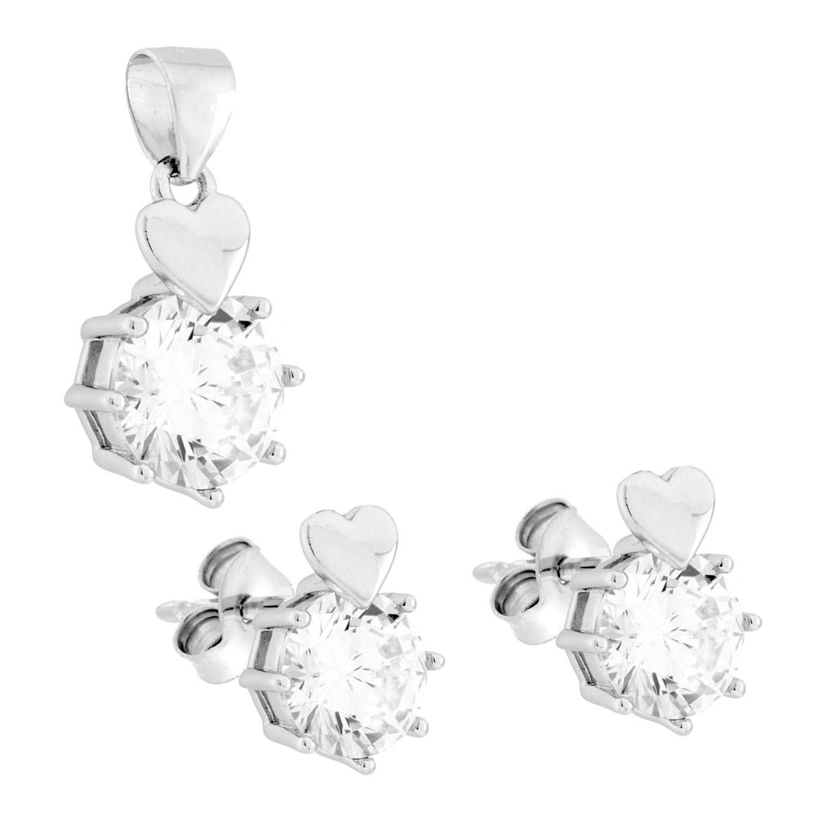 Parure Set Orecchini e Ciondolo Cuore e Punto Luce Cubic Zirconia Bianchi in ARGENTO 925 Galvanica Rodio