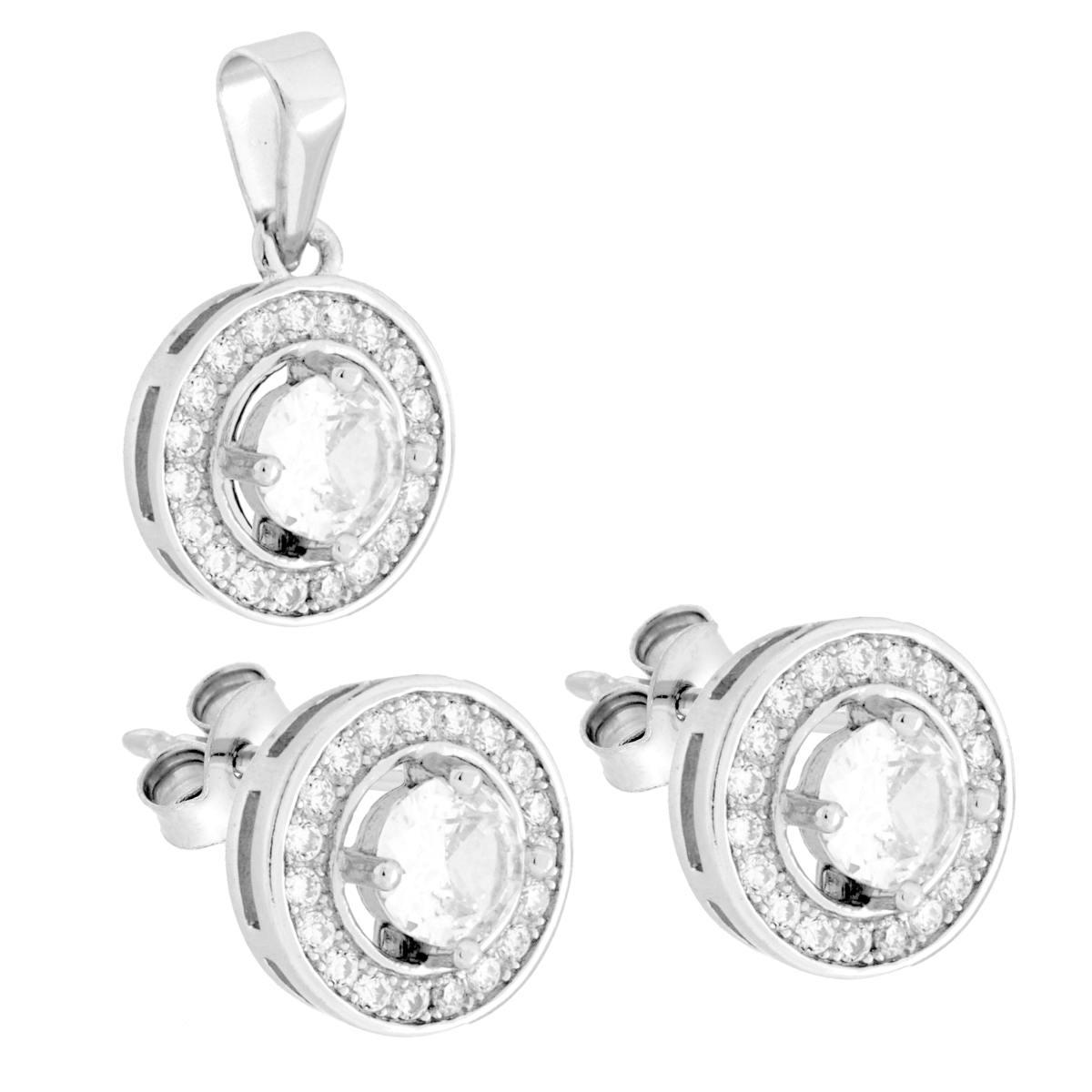 Parure Set Orecchini e Ciondolo Tondo Bianco contornato da Cubic Zirconia Bianchi in ARGENTO 925 Galvanica Rodio